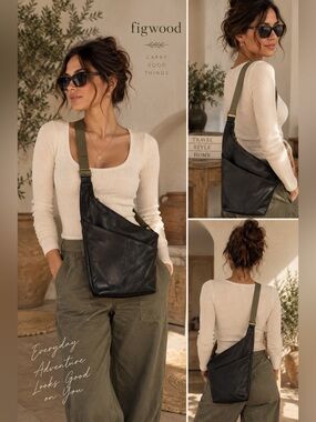 Figwood Oberoi Black Leather Crossbody Bag Green Strap $225 Boho